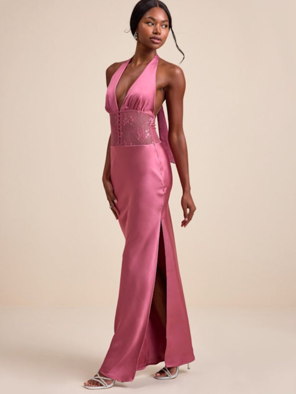 Lulus Lennon Mauve Pink Satin Lace Halter Maxi Dress - Size M